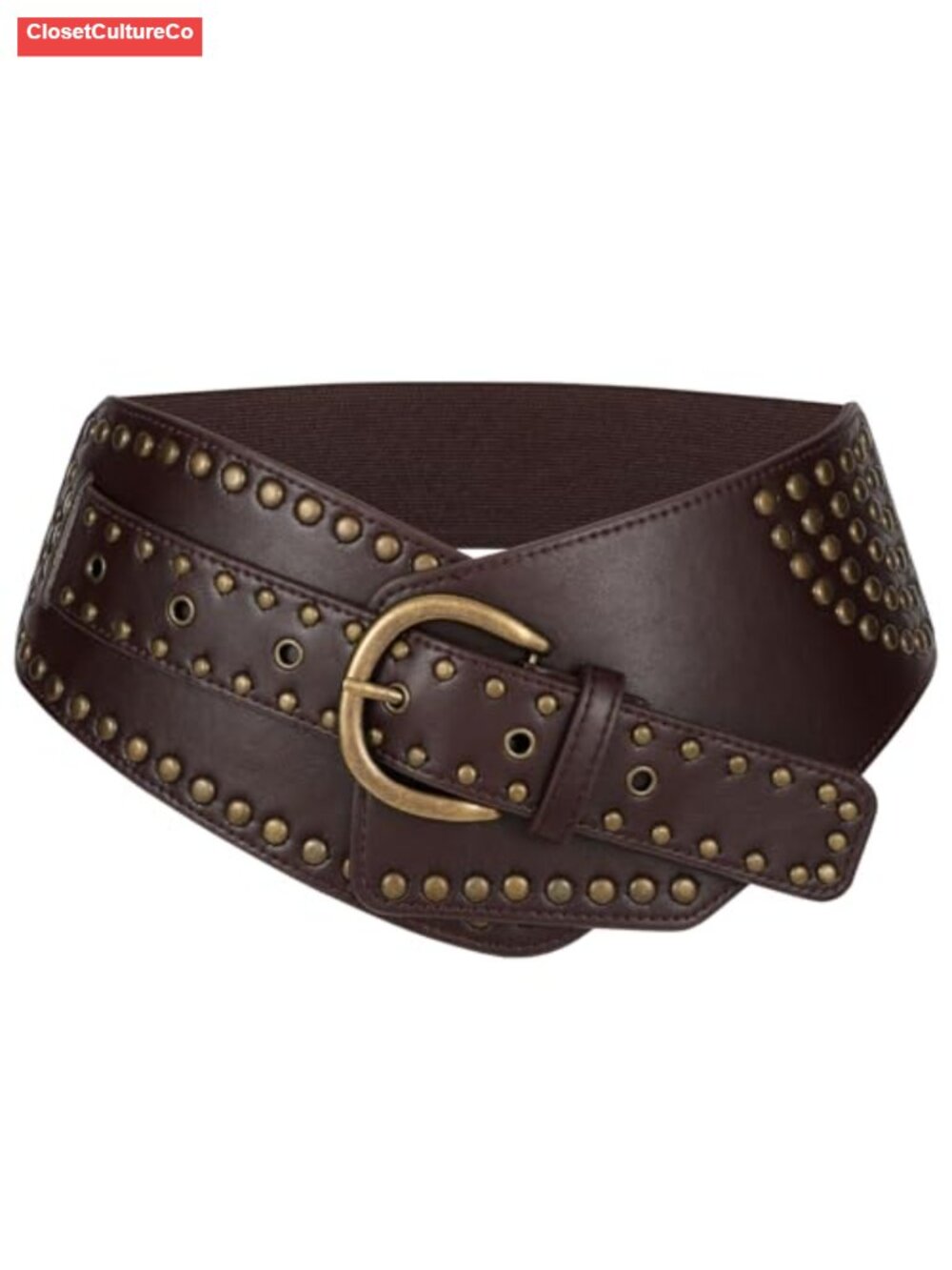 Wide Elastic Belt Studded Stretchy Waist Belt with Rivets Metal Buckle Faux